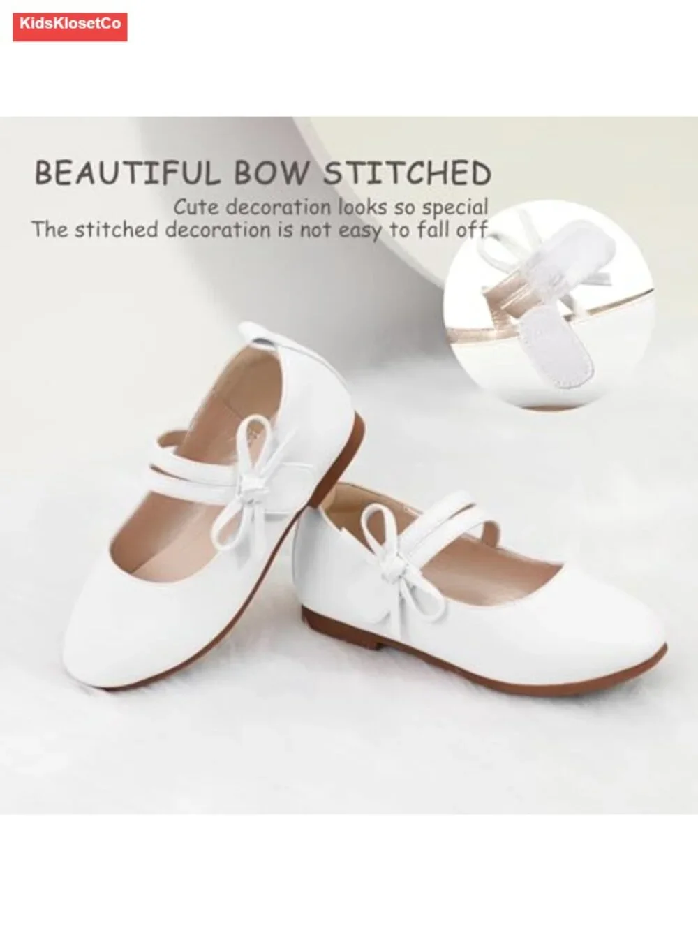 Kids Mary Jane Ballet Flats with Bow, Double Strap, Hook & Loop Closure